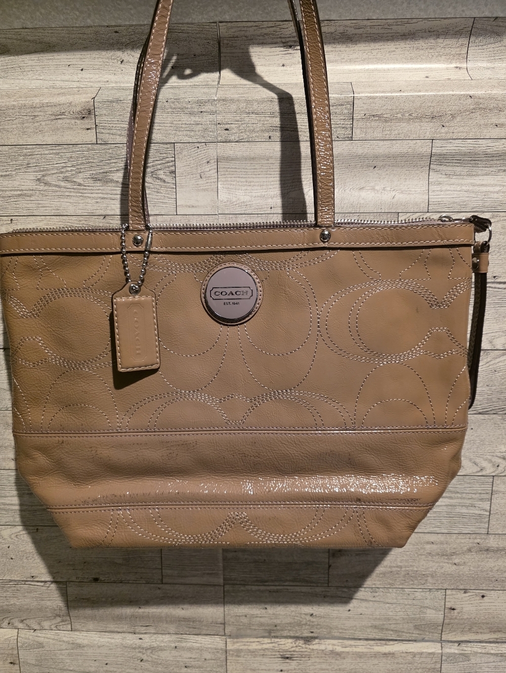 Coach Tan with lilac stitching and interior patten Leather Signature Tote